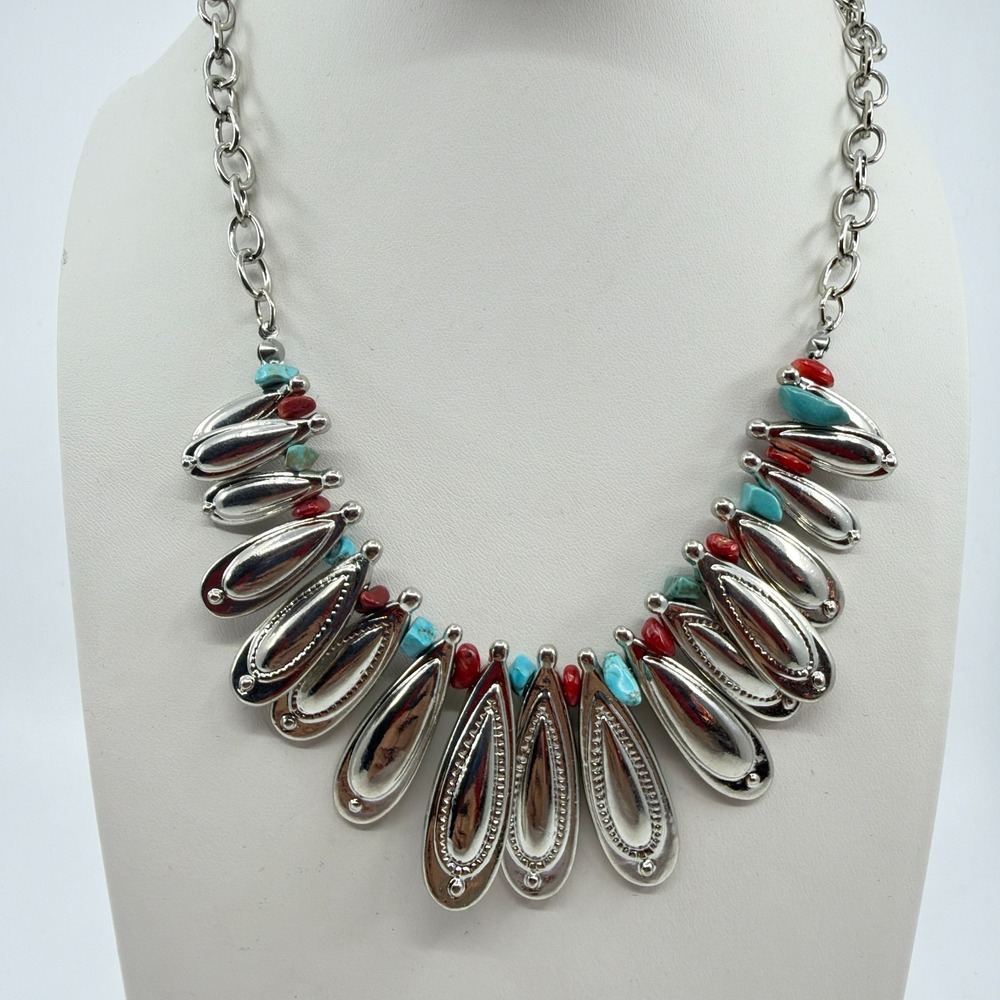 Western Silver Tone Teardrop Necklace with Red Blue Beads - Festival Charm
